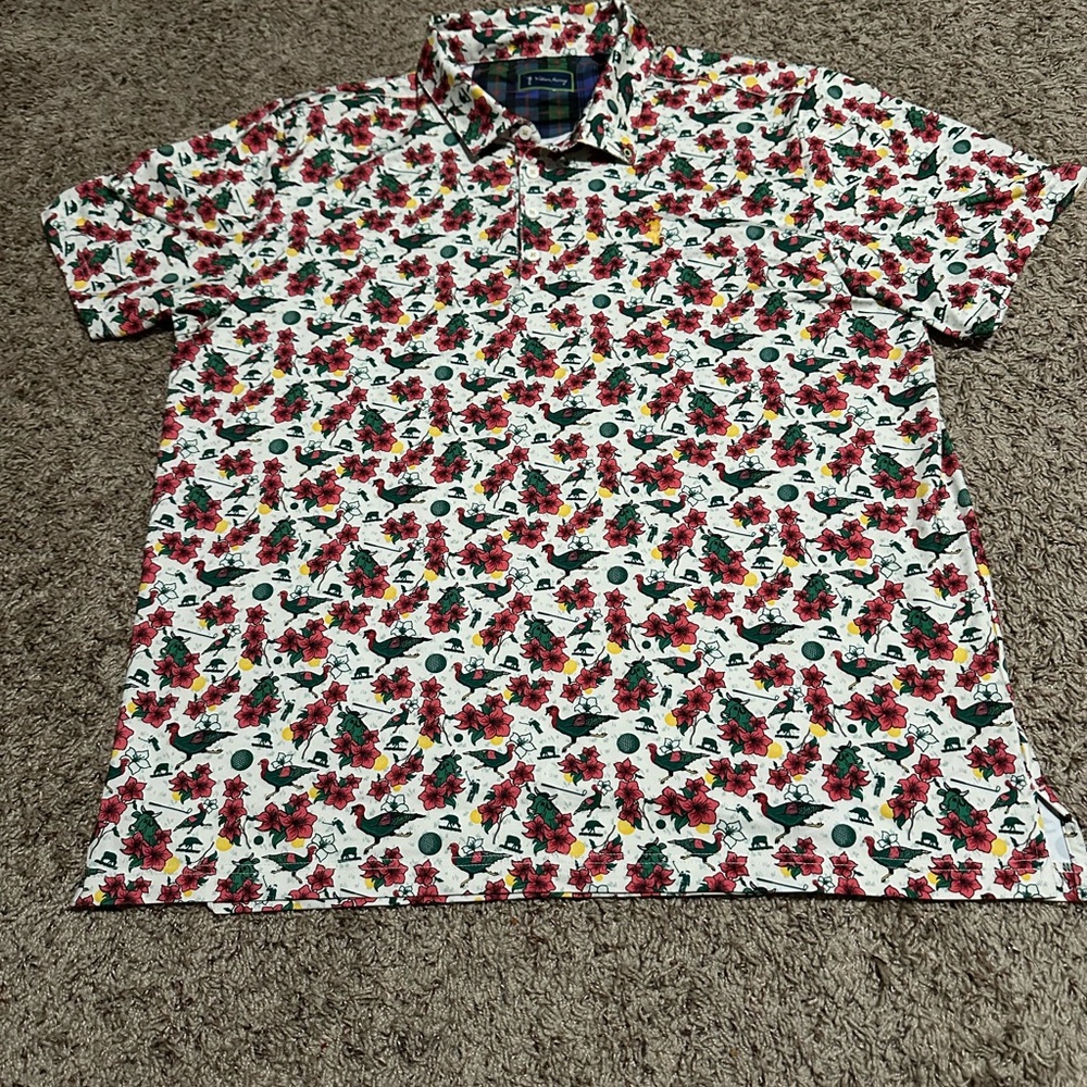 William Murray Men's Shirt XXL White Golf Polo Performance Stretch Floral Birds